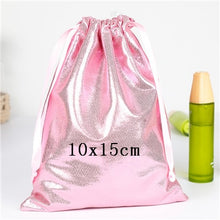 Load image into Gallery viewer, Soft PU Leather Sequin Pink Drawstring Pouch Bag/ Wedding candy packing Drawstring Pouch